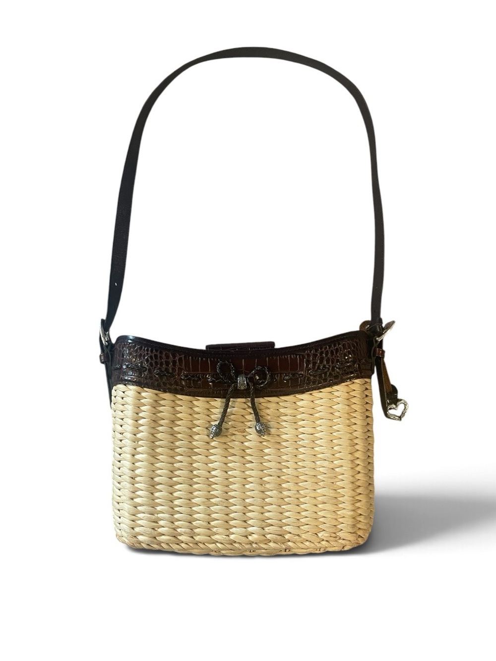 Vintage Brighton Woven Straw And Brown Crocodile Embossed Trim Shoulder Bag, Med